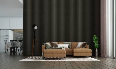 Modern konforlu oturma ve yemek odası ve ahşap duvar dokusu iç tasarım