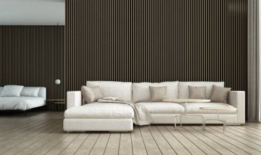 Modern apartman iç mimarisi oturma odası ve ahşap duvar dokusu arka planı.