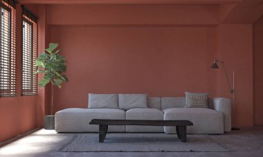 Modern apartman iç mimarisi oturma odası ve kırmızı duvar dokusu arka planı.