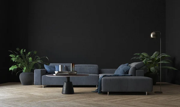 Modern apartman iç mimarisi oturma odası ve siyah duvar dokusu arka planı.