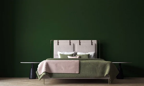 最小绿色居室和混凝土墙体背景的三维渲染室内设计 — 图库照片