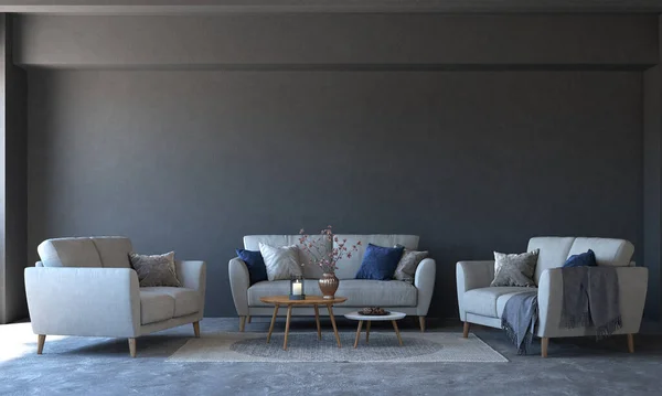 Rendering Innenarchitektur Von Minimalen Wohnzimmer Und Betonwand Textur Hintergrund — Stockfoto