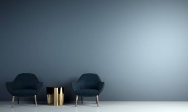 Oturma odası ve mavi duvar dokusu arka plan iç tasarım / 3D görüntüleme