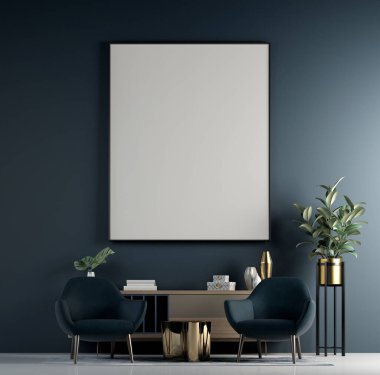 Modern konforlu oturma odası ve mavi duvar dokusu iç tasarım / 3D görüntüleme