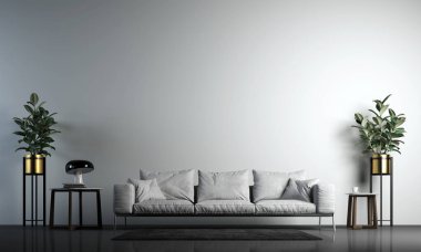 Modern tavan arası beyaz oturma odası iç tasarım ve beton duvar arka planı.