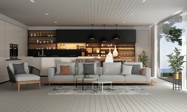 Moderno Salón Comedor Diseño Interior Vistas Mar — Foto de Stock