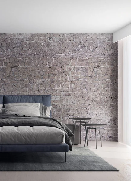 最小限のベッドルームのインテリアデザインとレンガの壁 — ストック写真