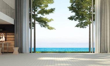Boş salon ve modern oturma odası ve beton duvar dokusu ve deniz manzarası.