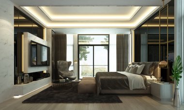 Lüks yatak odası iç tasarımı ve bahçe manzarası.