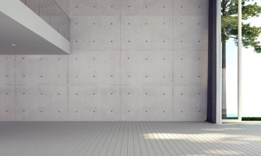 İskandinav tarzı oturma odası iç tasarım ve ahşap duvar arka planı ve deniz manzarası