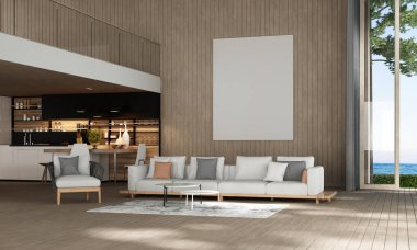 İskandinav tarzı oturma odası iç tasarım ve ahşap duvar arka planı ve resim çerçevesi