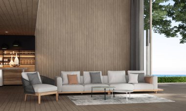 İskandinav tarzı oturma odası iç tasarımı ve ahşap duvar arka planı ve deniz manzarası.