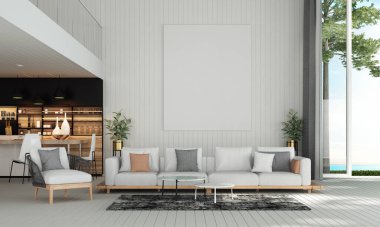 Modern oturma odası iç dekorasyonu ve beyaz duvar dokusu arka plan ve deniz manzarası