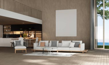 Modern tropikal oturma odası iç ve duvar dokusu arka plan ve deniz manzarası tasarımı