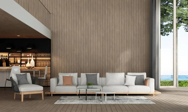 Modernes Tropisches Design Des Wohnzimmers Interieur Und Holz Wand Textur — Stockfoto