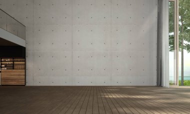 Boş salon ve modern oturma odası ve beton duvar dokusu ve deniz manzarası.