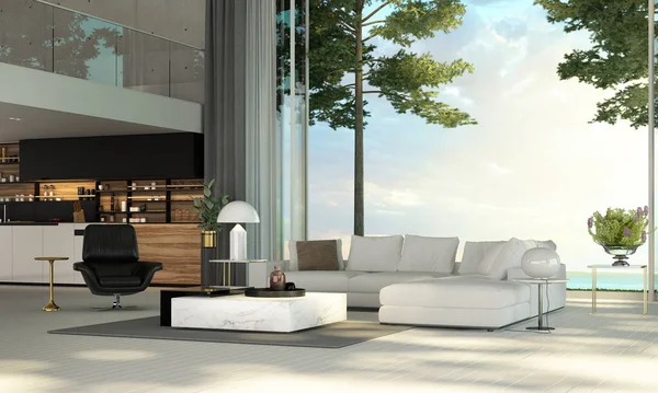 Das Moderne Wohnzimmer Und Betonwand Textur Und Meerblick Hintergrund — Stockfoto