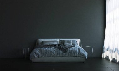 Minimum yatak odası iç tasarımı ve siyah bağlamsal duvar arkaplanı
