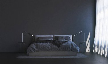 Modern oturma odası iç tasarımı ve siyah bağlamsal duvar arkaplanı