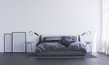 Konforlu yatak odası iç tasarımı ve beyaz bağlayıcı duvar arkaplanı