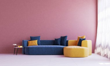 Modern oturma odası iç tasarımı ve pembe bağlamsal duvar arka planı