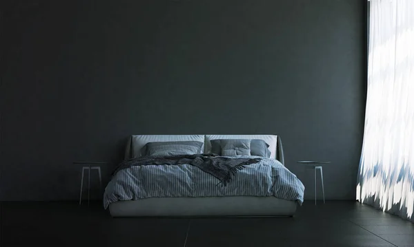 ミニマルなベッドルームのインテリアデザインと黒のコンクリートテクスチャ壁の背景 — ストック写真