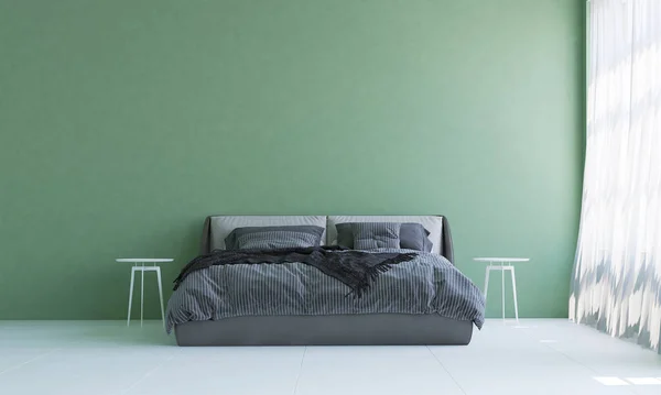 現代の寝室のインテリアデザインと緑のコンクリートのテクスチャの壁の背景 — ストック写真