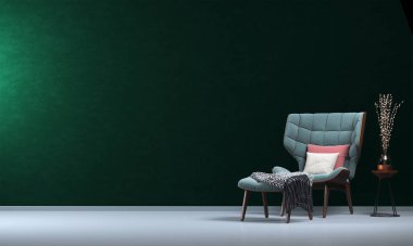 Asgari oturma odası ve yeşil duvar dokusu iç tasarım / 3D görüntüleme