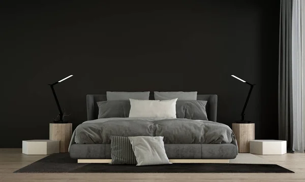 現代の寝室のインテリアデザインと黒のテクスチャの壁の背景 — ストック写真