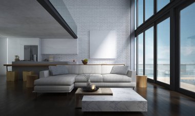 Salon ve çift kişilik oturma odası ve mutfak iç tasarımı ve beyaz tuğla duvar arka planı.