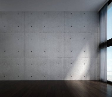 Modern çatı katı ve beyaz oturma odası iç tasarımı ve beton duvar arka planı ve deniz manzarası