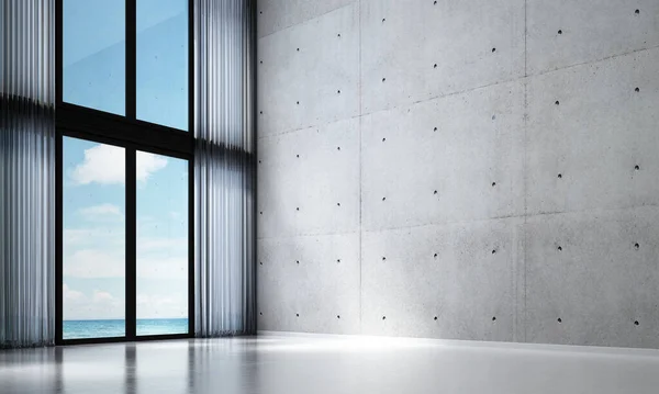 Loft Obývací Pokoj Prostor Design Interiér Betonové Stěny Pozadí Moře — Stock fotografie