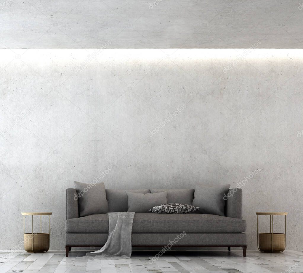 Minimal living room interior design and concrete wall background