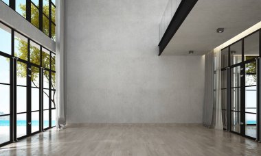 Çifte uzay salonu ve oturma odası tasarımının modern konforlu iç tasarımı ve beton duvar arka planı 