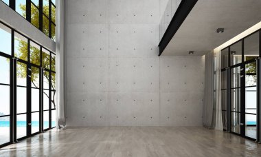 Çifte uzay salonu ve oturma odası tasarımı ve beton duvar arka planının modern konforu 