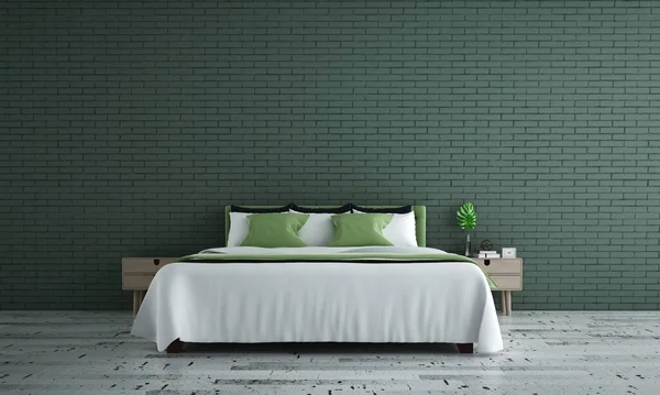 緑の寝室のデザインと緑のレンガの壁の背景のモダンな居心地の良いインテリア — ストック写真