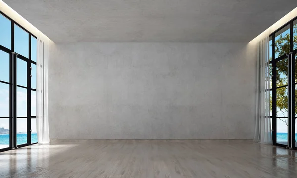 Intérieur Moderne Conception Salon Mur Briques Fond Vue Sur Mer — Photo