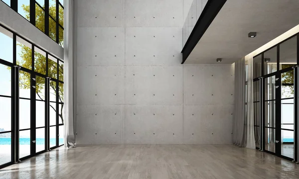 Çifte uzay salonu ve oturma odası tasarımı ve beton duvar arka planının modern konforu 