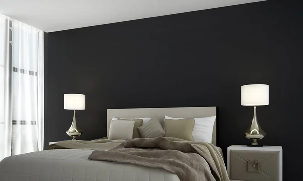寝室のデザインと黒のコンクリート壁の背景のモダンなロフトインテリア — ストック写真