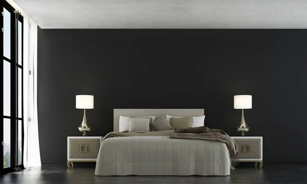 Modern Interieur Van Slaapkamer Ontwerp Zwarte Muur Achtergrond — Stockfoto