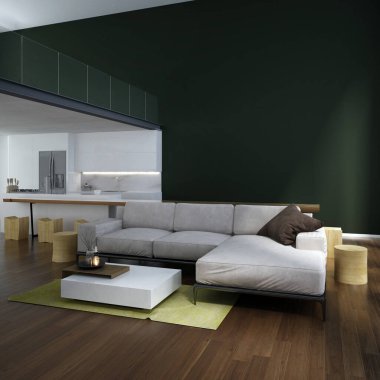 Salon ve çift kişilik oturma odası ve mutfak iç tasarımı ve yeşil duvar arka planı / Yeni 3D iç tasarım sahnesi