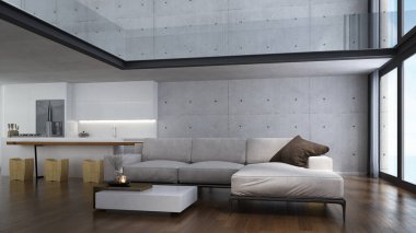 Modern uzay salonu ve çift ciltli oturma odası ve mutfak iç tasarımı ve beton duvar arkaplanı / Yeni 3D iç tasarım sahnesi