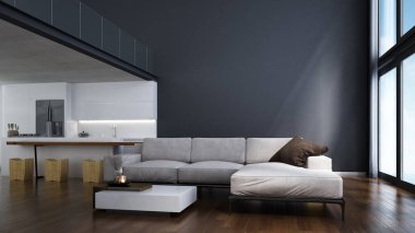 Salon ve çift kişilik oturma odası ve mutfak iç tasarımı ve mavi duvar arka planı / Yeni 3D iç tasarım sahnesi