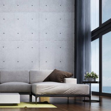 Modern salon ve çift katlı oturma odası ve mutfak iç tasarımı ve beton duvar arkaplanı / Yeni 3D iç tasarım sahnesi