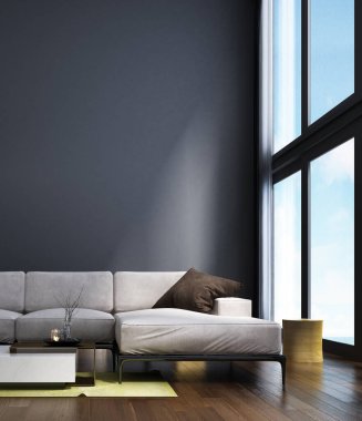 Salon ve çift katlı oturma odası ve mutfak iç tasarımı minimal stil ve mavi duvar arkaplanı / Yeni 3D iç tasarım sahnesi