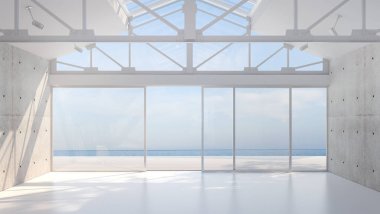 Konforlu oturma odası iç tasarım ve beton duvar desenli arka plan ve deniz manzarası.