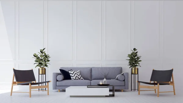 居心地の良い白いリビングルームのインテリアデザインと古典的な壁のパターンの背景 — ストック写真