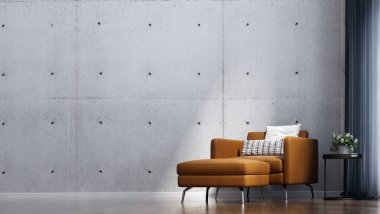 Oturma odasının modern rahat iç tasarımı ve beton duvar desenli arka plan