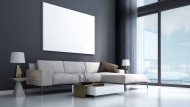 Modern konforlu oturma odası tasarımı ve beton duvar desenli arka plan ve deniz manzarası.