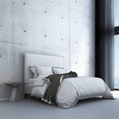 Modern beyaz yatak odası iç tasarımı ve beton duvar dokusu arka plan ve deniz manzarası